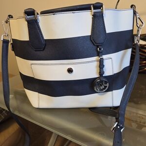 Michael Kors Stylish Navy and White Striped Tote Crossbody Bag Excellent